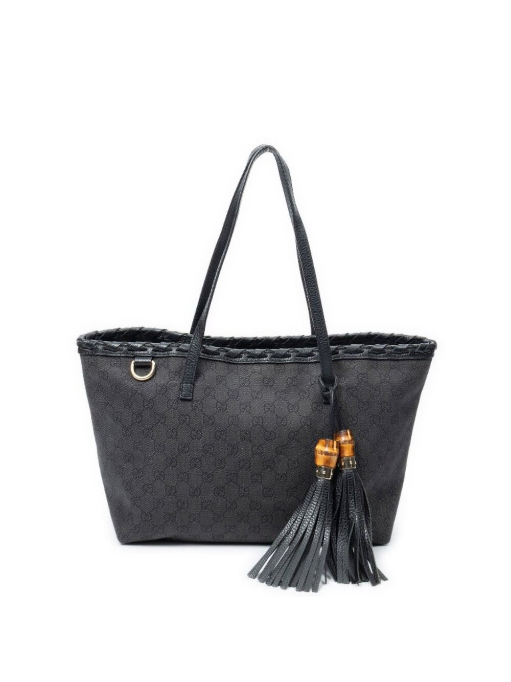 Gucci Bamboo Tassel Shopping Tote Black GG Denim Canvas